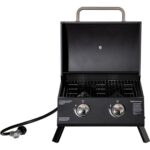 Produktbild von Outsunny Tisch-Gasgrill mit zusammenklappbaren Beinen – 2 Brenner 5 KW – Camping-Gasgrill – Grillrost, Fettauffangschale, Thermometer – Lebensmitteltauglicher schwarzer Stahl   Aosom