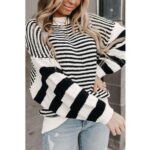 Produktbild von Azura Exchange Schwarzer-weiß gestreifter Drop Shoulder Bischofsärmel Strickpullover