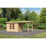 Bild von Karibu Gartenhaus-Set ‘Raskola 4’ naturbelassen mit Anbaudach 554 x 211 x 238 cm