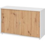 Bild von hjh OFFICE PRO BETA 1752S   Schiebetürenschrank   2 OH – Weiß/Asteiche Bogengriff Metall